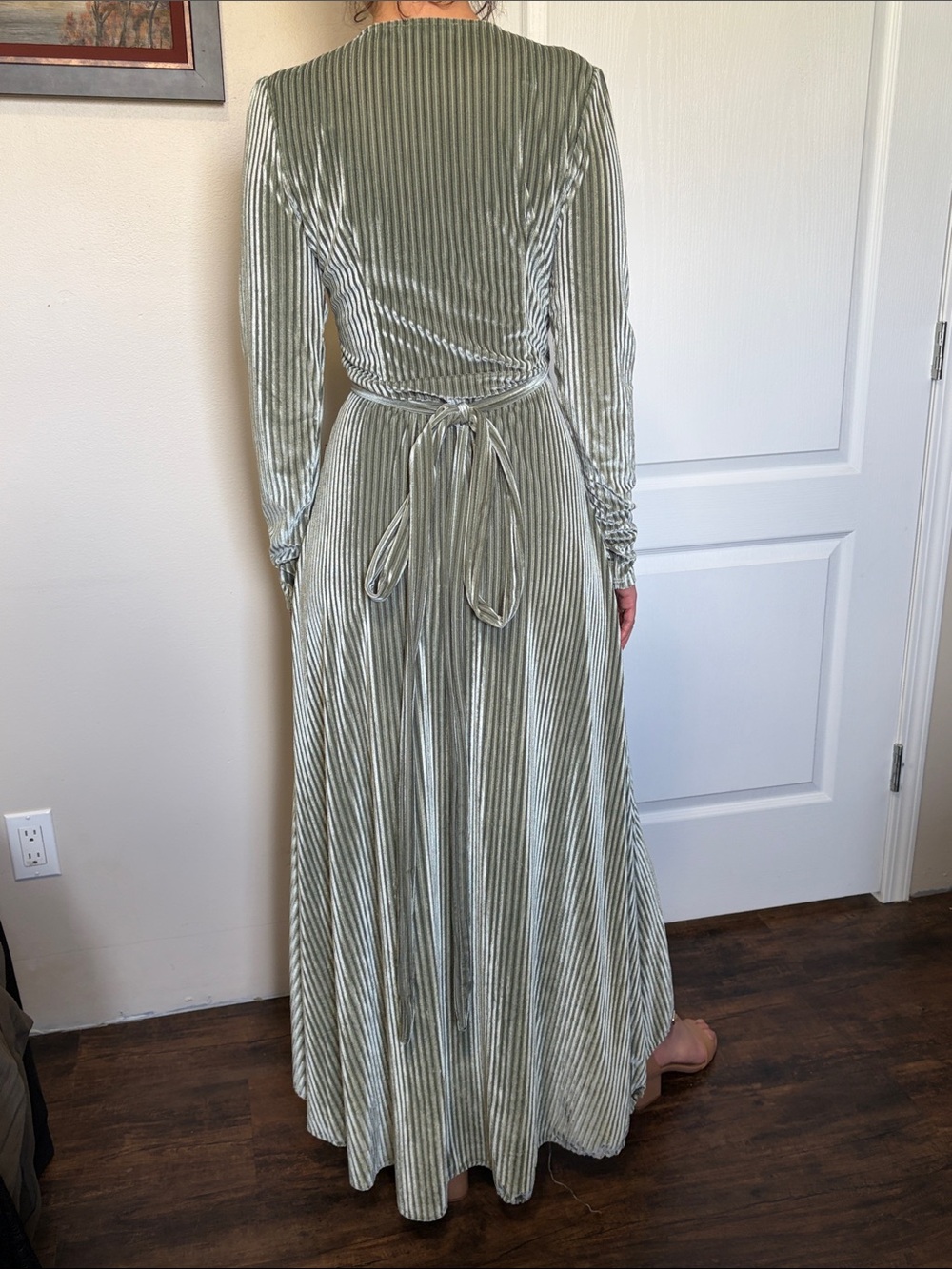 Long-Sleeve Olive Green Velvet Wrap Maxi Dress - Picture 2 of 2